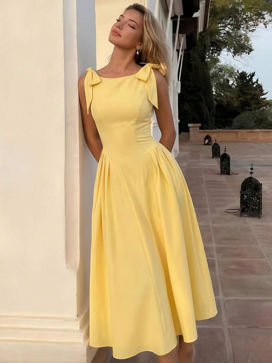 Summer New Retro Style Sleeveless Dress Women, Pure Desire Style Temperament Waist Medium And Long Dress, French Elegance Temperament Socialite Style Daily Light Dress Commuter Dating Dress - Màu vàng - Xem 1