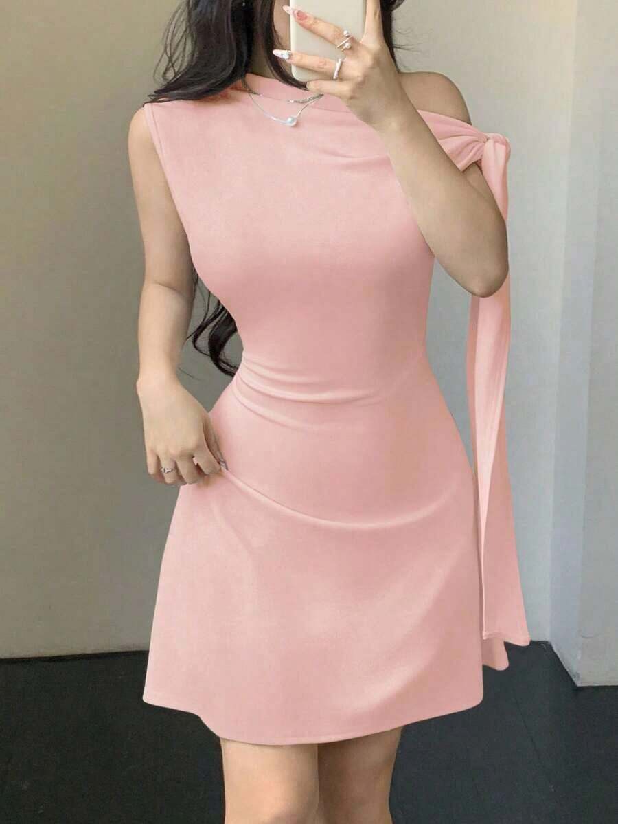Vestido corto asimétrico con nudo en la cintura para mujer - Albaricoque - Ver 1