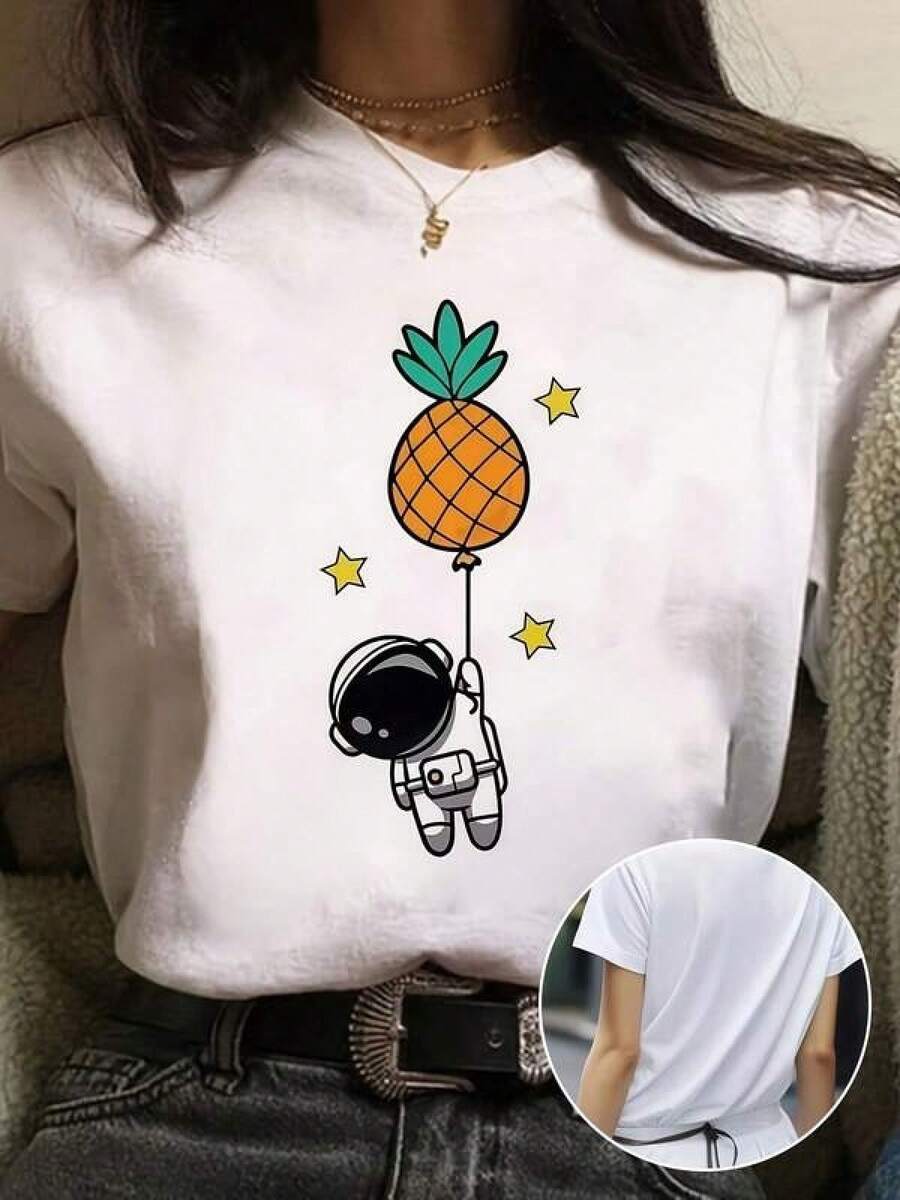 Impresión de letras eleganteT-Shirt With A Cartoon Astronaut And Pineapple Print,ropa de mujer holgada,un imprescindible para las vacaciones,disfraces y accesorios de Halloween,Camisetas de apoyo al Mundial,Conjuntos a juego para padres e hijos, camisetas para hombre, camisetas para mujer, camisetas para niños - Blanco - Ver 1
