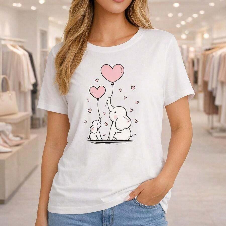 Plus Size Women's Cotton T-Shirt, M-5XL, Black, With Adorable Elephant And Baby Heart Balloon Print, Casual Loose Fit, Short Sleeve, Crew Neck, Soft And Comfortable Fabric, Ideal For Everyday Wear, Mother's Day Gift Idea, Graphic T-Shirt For Curvy Women - 白色 - 查看 1