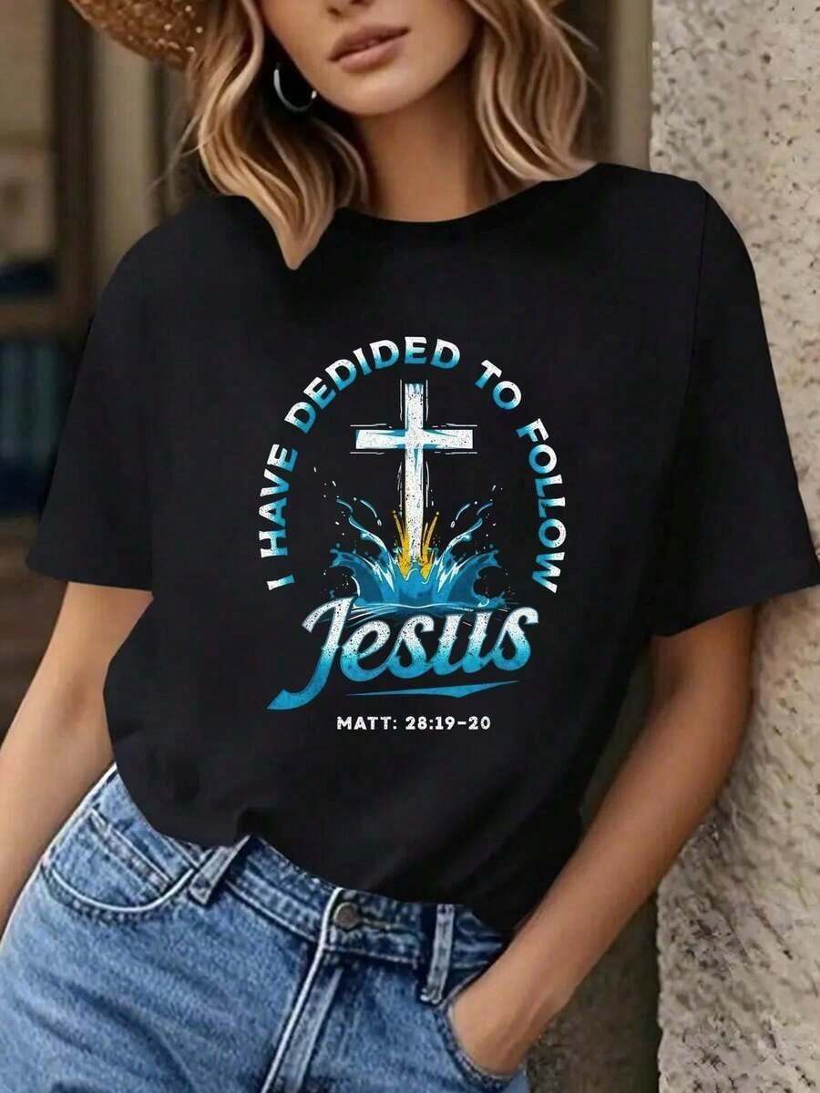 Camiseta He Decidido Seguir a Jesús Bautizada Cristiana, Estampado Gráfico para Mujer, Cuello Redondo Manga Corta, Tejido Casual, Ajuste Regular, Para Todas las Estaciones - Negro - Ver 1