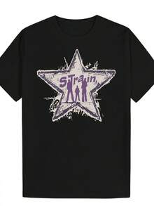 Camiseta Casual para Hombre con Estampado de Estrellas - Diseño de Tres Figuras Silueta, Cuello Redondo, Manga Corta, Camiseta de Verano, Blanca con Arte de Estrellas Moradas, Tela Ligera y Transpirable, Camisa Casual con Estampado de Estrellas, Ajuste Cómodo - Negro - Ver 1