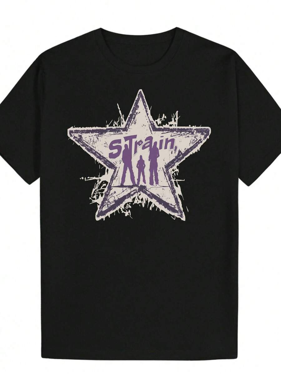 Camiseta Casual para Hombre con Estampado de Estrellas - Diseño de Tres Figuras Silueta, Cuello Redondo, Manga Corta, Camiseta de Verano, Blanca con Arte de Estrellas Moradas, Tela Ligera y Transpirable, Camisa Casual con Estampado de Estrellas, Ajuste Cómodo - Negro - Ver 1