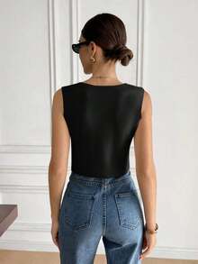 Chaleco elegante de mujer de unicolor con cuello en V sin mangas, decorado con botones metálicos, para verano, playa, vacaciones, estilo boho, tropical, casual, de oficina, de salida elegante, para la escuela y vacaciones, color albaricoque - Negro - Ver 2