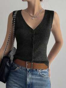 Chaqueta de mujer sin mangas con cuello en V, ajustada, de estilo casual de calle - Negro - Ver 4