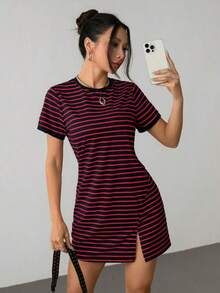 Vestido camiseta con bloqueo de color y estampado de rayas - Multicolor - Ver 8