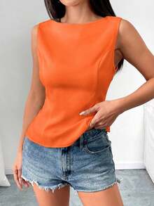 Camisa sin mangas con lazo en la espalda de unicolor, elegante, casual, sexy y minimalista para uso en la oficina y negocios para mujeres, primavera/verano - Naranja Quemada - Ver 5