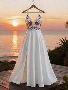 Vestido largo con abertura, escote en V, estampado floral, espalda elástica, diseño elegante y casual para uso diario, vacaciones y días festivos - Multicolor - Ver 3