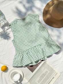 Camisa sin mangas a cuadros rojos y blancos tejida con nudo delantero para mujer - Verde Oliva - Ver 6