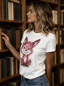 Una camiseta de mujer, informal, de manga corta y cuello redondo, lavada a máquina. - Blanco - Ver 4