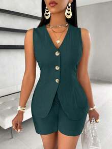 Chaleco con botones delanteros y shorts - Verde Oscuro - Ver 4