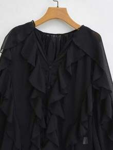 Blusa elegante de mujer con cuello en V, abotonada, de manga larga, con decoración laminada, color liso, Primavera 2025 - Negro - Ver 2