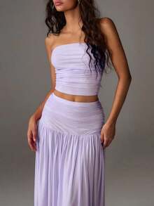 Unity Conjunto de 2 piezas de top corto de bustier de malla de unicolor y falda larga para mujer - Púrpura malva - Ver 1