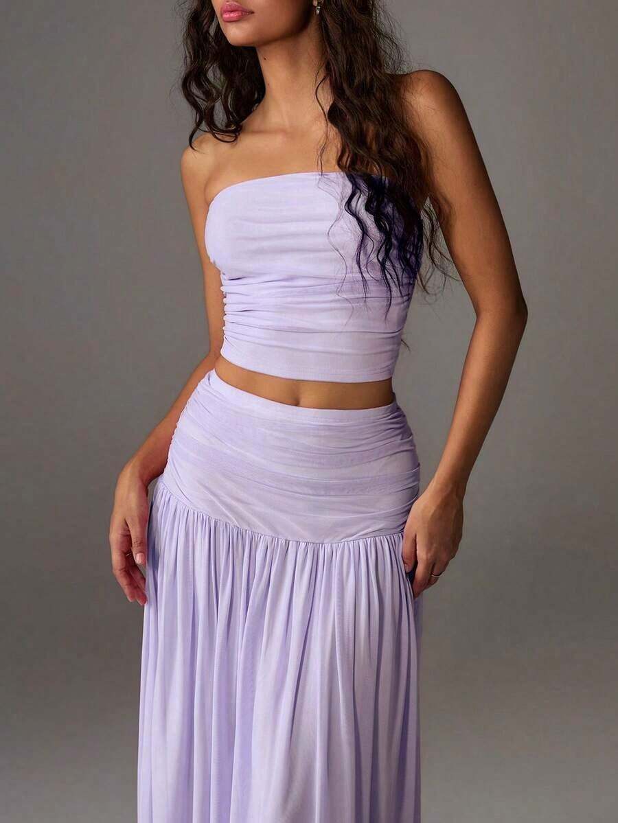 Unity Conjunto de 2 piezas de top corto de bustier de malla de unicolor y falda larga para mujer - Púrpura malva - Ver 1