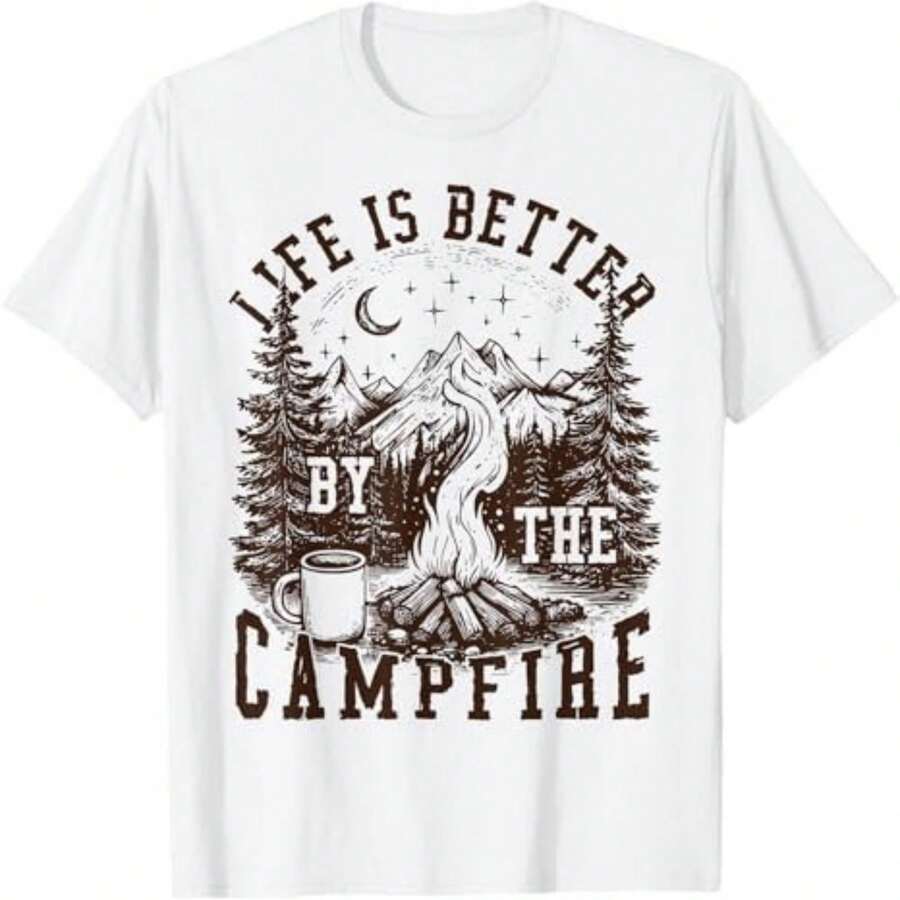 Camiseta informal de algodón para mujer con cuello redondo y mangas cortas, estampada con la frase "La vida es mejor junto a la fogata". - Blanco - Ver 1