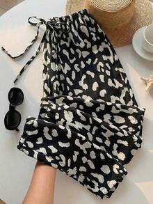 Pantalones Largos Para Mujer Con Estampado De Leopardo Y Cordón De Ajuste - Negro - Ver 12