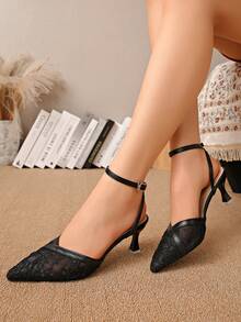 Fashionable Elegant Floral Embroidery Mesh Pointed Toe High Heels - Black - View 2