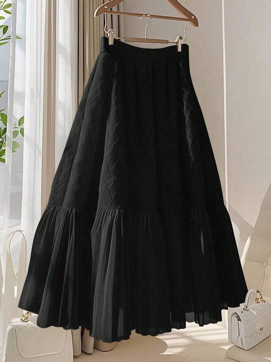 Falda plisada de línea A de gasa versátil y elegante para uso diario, de estilo de moda para mujer, verano - Negro - Ver 1