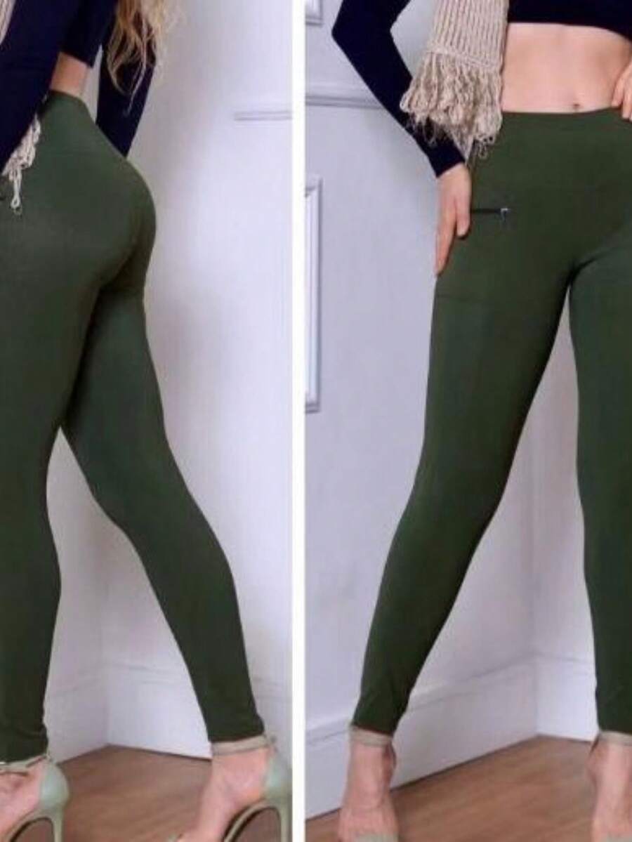 Women's Riding Pants With Grosgrain Fabric, Zipper On Front Pocket, High Waist - Army Green - View 1