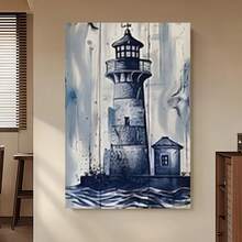 Enmarcado Póster de lienzo 2D plano, 1 Piezas /estilo nórdico retro con ancla, faro y brújula, decoración retro, mural, regalo, dormitorio, oficina, cafetería, sala de estar, hogar y dormitorio universitario, regalo ideal, , 2D plano - Enmarcado - Ver 3