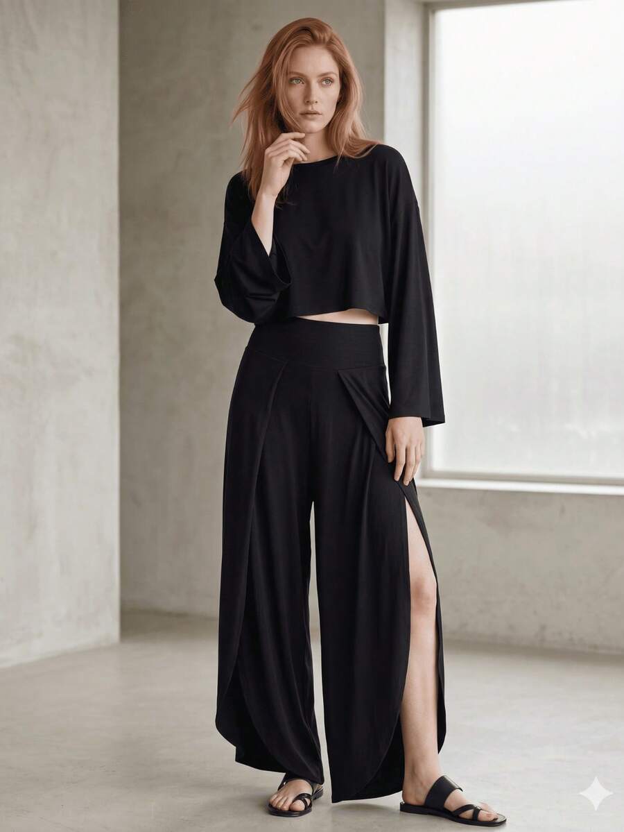 Conjunto Falda Pantalon Comodo Elegante y Sexy Ideal para Dias De Oficina o Dias Casuales - Negro - Ver 1