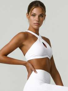 Women's Criss-Cross Halter Yoga Bra, Water Drop Hollow Back Design, Shock-Absorbing Push-Up Sports Bra For Fitness, Running And Training - White - View 7