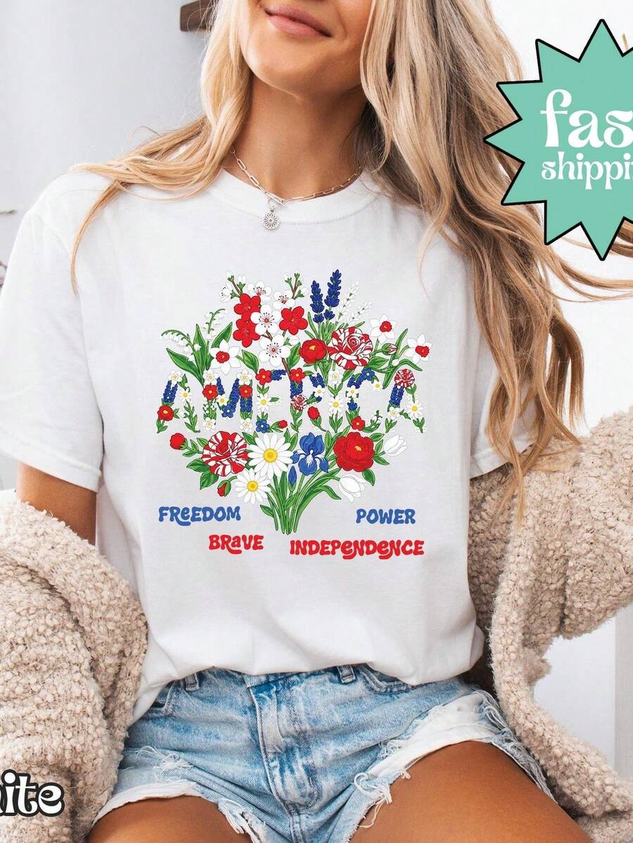 Camiseta AM1erica con estampado floral patriótico, camiseta gráfica floral de EE. UU., camiseta patriótica vintage, camiseta AM1erica floral del 4 de julio. Camiseta unisex de algodón puro de 220 g, peso ideal para todas las estaciones, adecuada tanto para hombres como para mujeres. Tejido duradero de alta calidad, suave al tacto y de larga duración. Parte superior transpirable. Adecuada para la primavera y el verano de las mujeres, vacaciones, Día de la Madre, Día de la Independencia. - Blanco - Ver 1