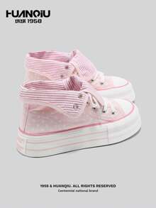 HUANQIU Summer Thick Sole Canvas Shoes, Star & Stripe Patchwork High-Top Flip-Cover Canvas Sneakers, Platform Shoes - Pink - View 5