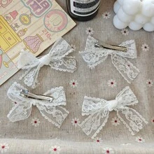 Kẹp tóc nơ ren trắng ngọt ngào, kẹp tóc mái lệch kiểu công chúa, phụ kiện tóc đuôi ngựa đôi. - kẹp tóc nơ ren - Xem 3