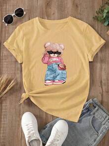Camiseta oversize color café para mujer con estampado de oso de moda Playera holgada de cuello redondo con diseño de oso rosa con gafas Camiseta casual de manga corta con oso de moda, estilo chic y juvenil - YH484-Amarillo - Ver 2