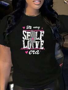 Camiseta Vintage 100% Algodón con Estampado Gráfico "In My Self Love Era" y Afirmaciones Positivas, Estética, para Mujer, Manga Corta, Casual, Top de Verano, Moda Femenina - Negro - Ver 1