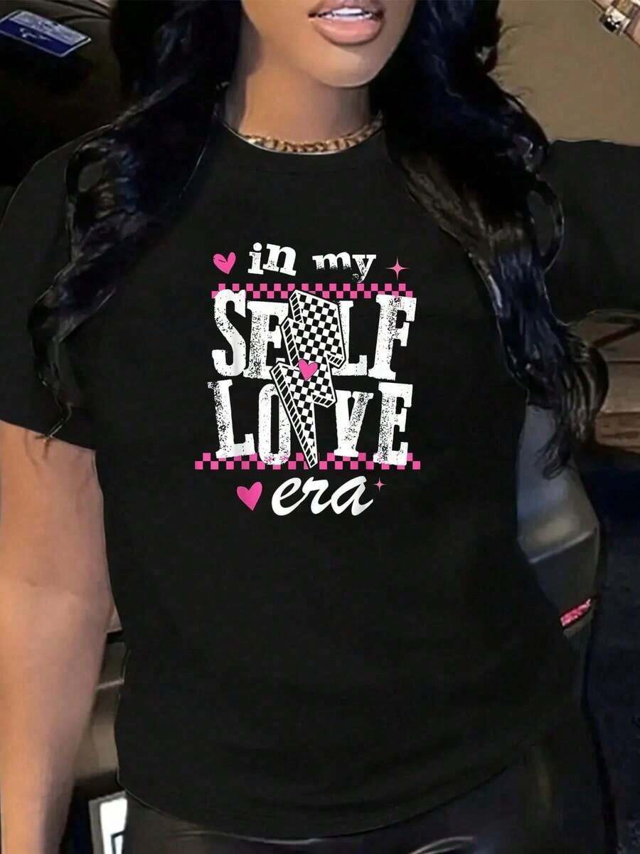 Camiseta Vintage 100% Algodón con Estampado Gráfico "In My Self Love Era" y Afirmaciones Positivas, Estética, para Mujer, Manga Corta, Casual, Top de Verano, Moda Femenina - Negro - Ver 1