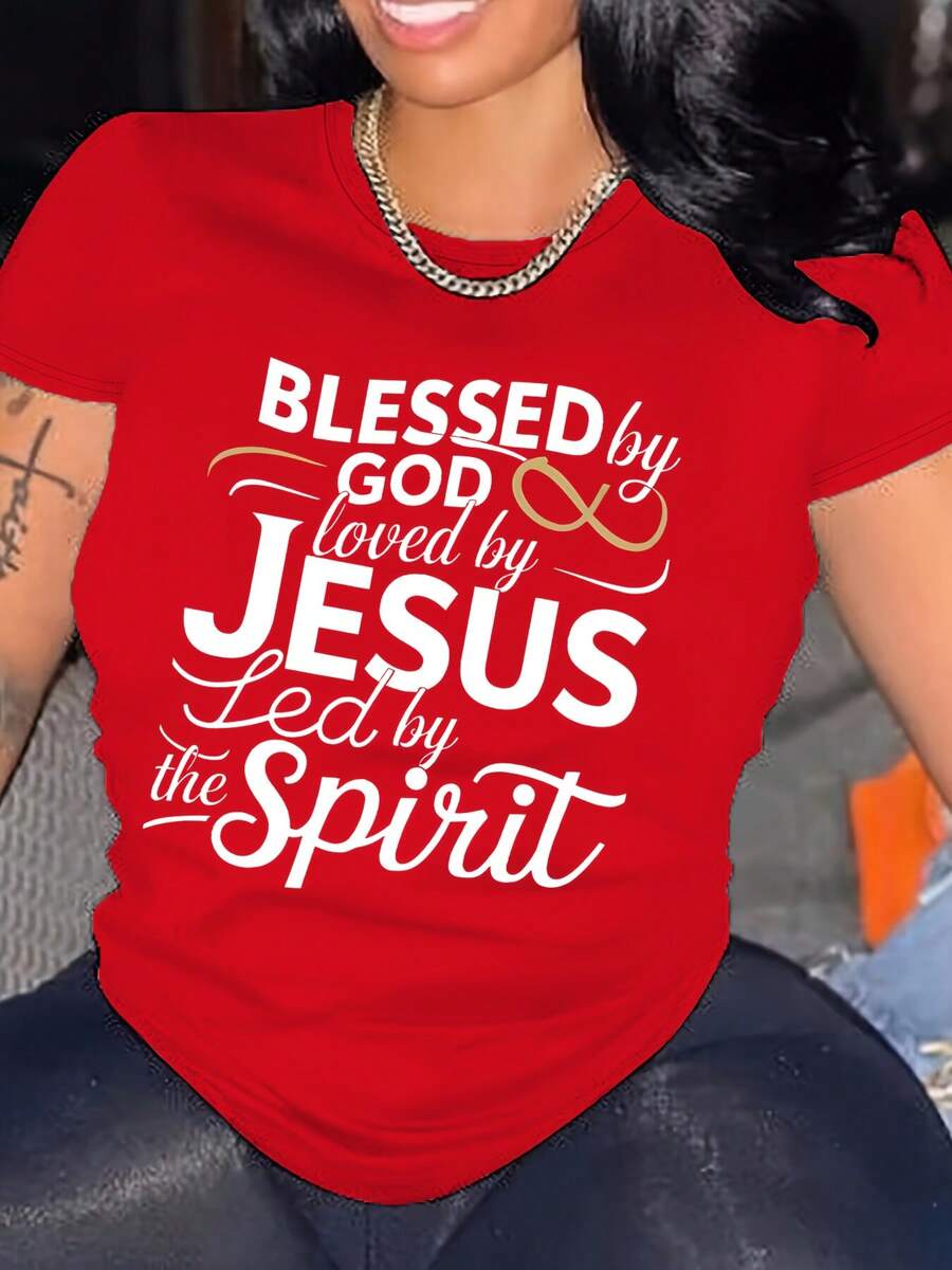1 pieza de camiseta casual de cuello redondo con estampado de letras, 100% algodón.ropa de calor mujer - Rojo - Ver 1