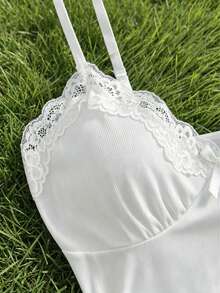 2 Pcs Sexy Women's Lingerie Set Adjustable-Strap Bow-Detail Pullover Top & Boxer-Style Shorts Lace-Accented Push-Up Solid-Color Sleepwear Home - White - View 7