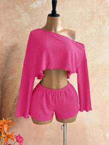 Casual 2-Piece Set Consisting Of A Cropped Top With An Irregular Neckline And Lettuce Hem, And Shorts, In A Solid Color, For Vacation, Spring/Summer - Fuchsia Pink - View 9