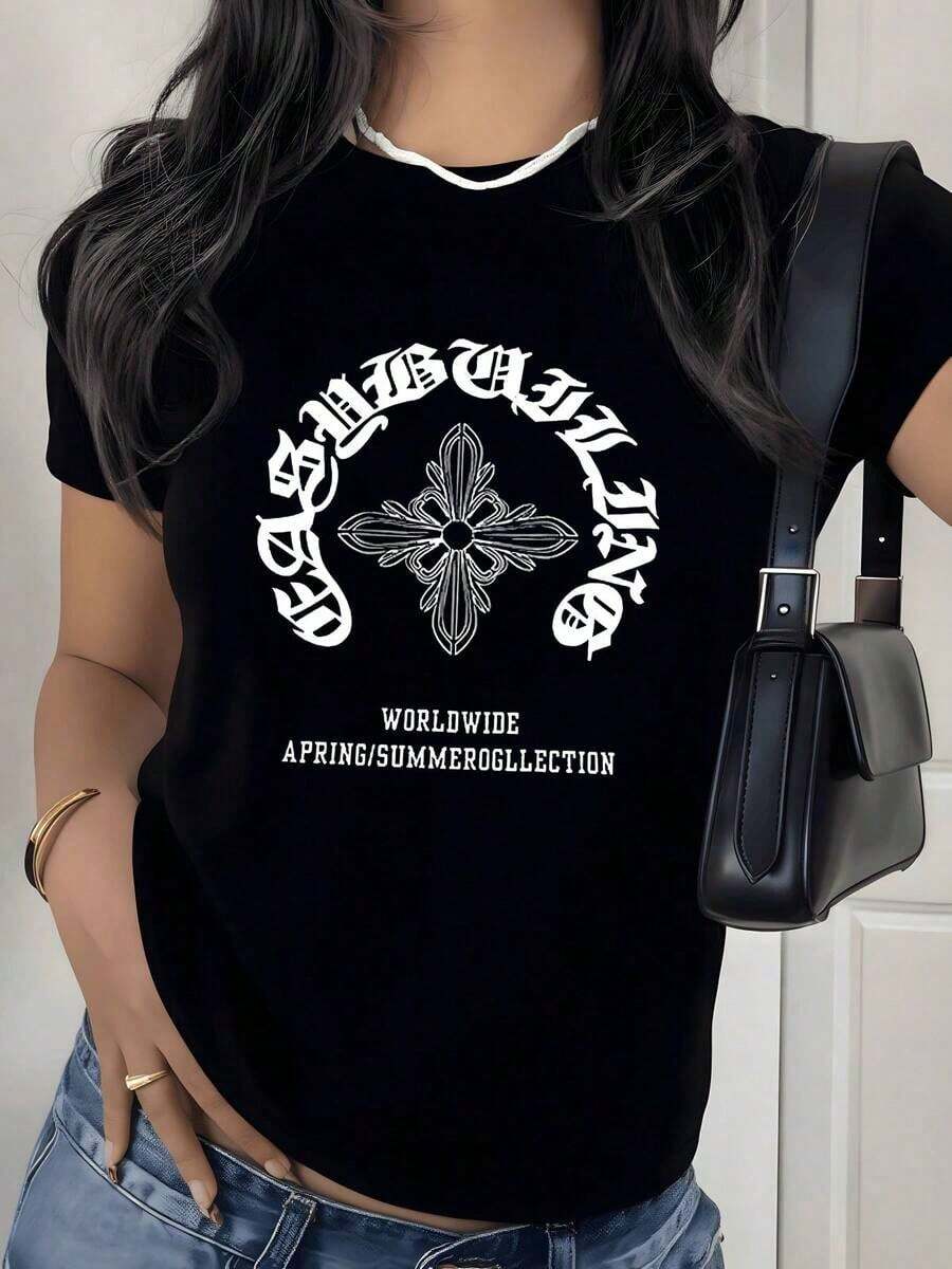 Vintage T-Shirt With Gothic Cross Graphic Print, 1 Piece, Women's Casual T-Shirt 100% Cotton, Vintage Streetwear Style, Fashionable Summer Top - 黑色 - 查看 1