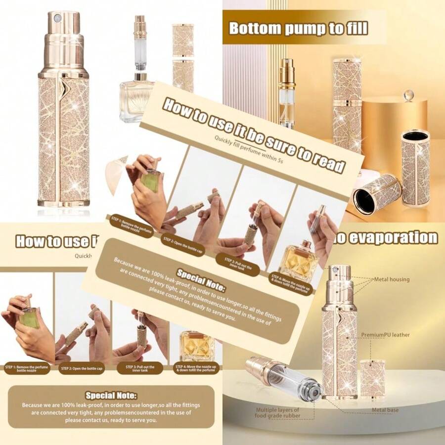Perfume Travel Refillable Bottle, Portable Empty Leather Atomizer Size Refill For Travel Holiday, Outdoor Activities And Business 5ML Golden - 如圖 - 查看 1