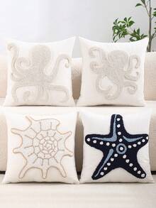 1pc/2pcs Velvet Pillow Cover, Embroidered Canvas, Ocean Style Starfish Shell Octopus Cushion Cover, Suitable For Sofa, Bedroom, Holiday Gift - Khaki - View 1