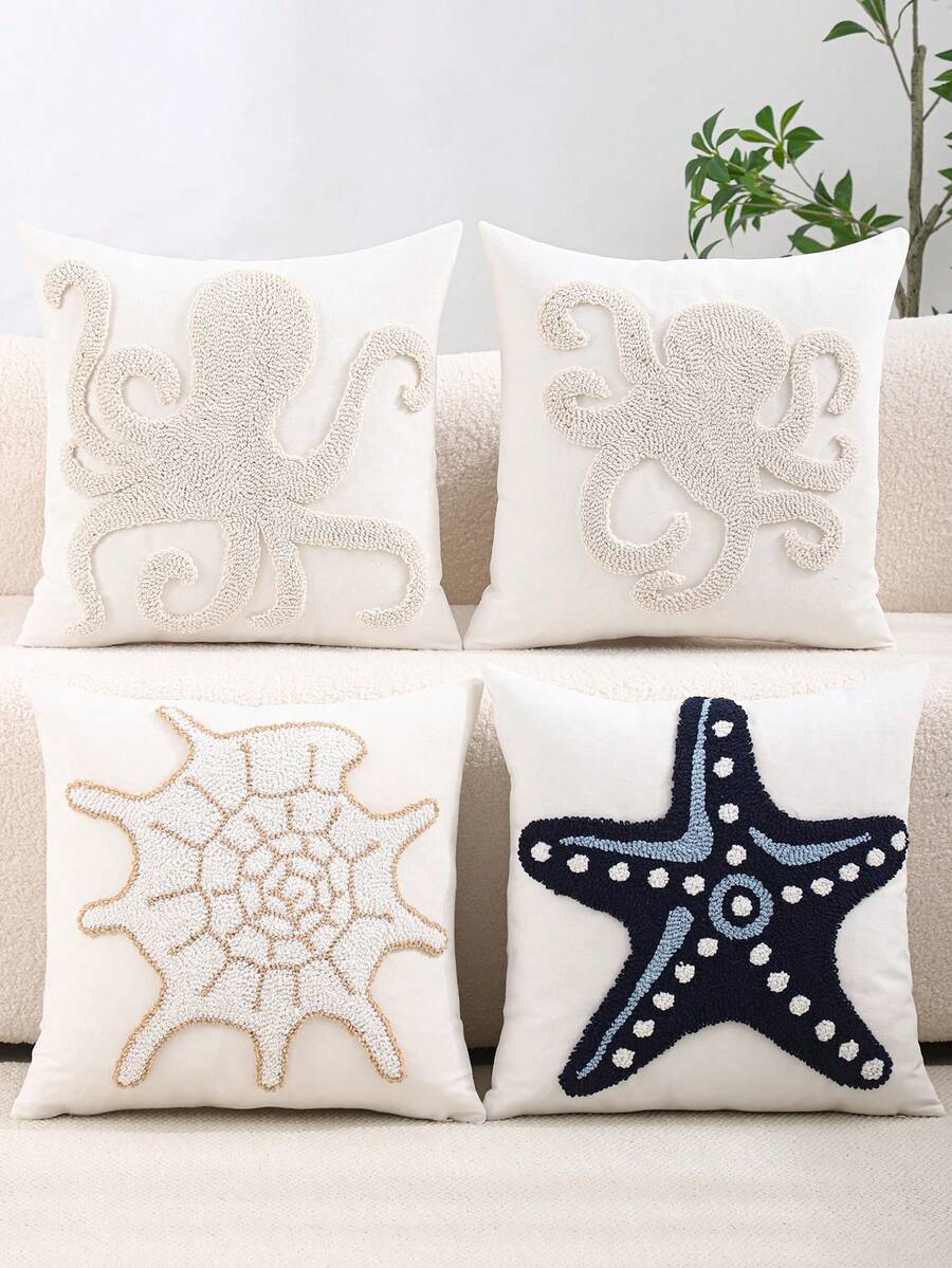 1pc/2pcs Velvet Pillow Cover, Embroidered Canvas, Ocean Style Starfish Shell Octopus Cushion Cover, Suitable For Sofa, Bedroom, Holiday Gift - Khaki - View 1