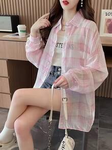 女款格紋長袖輕量寬鬆休閒防曬襯衫，夏季粉色 - 粉色 - 查看 3