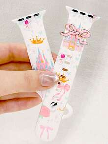 1pc Elegant Castle Pattern Silicone Watch Band, With Bow Decor, Waterproof Dreamy Rose Color Strap, Fit For Apple Watch 38/40/41/42/44/45/46/49mm, Fit For Apple Watch Ultra/SE/Series 11/10/9/8/7/6/5/4/3/2/1, Gift For Girls & Kids - Baby Pink - View 9
