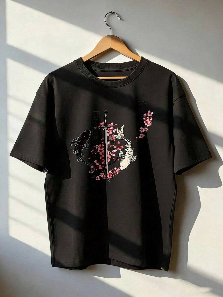 Short-Sleeve T-Shirt With Ukiyo-E And Zen Style, Fashionable Short-Sleeve T-Shirt For Spring And Summer 2026, Made In Mexico, 180 Grams. Cartoon Print, Couple Design, Suitable For Indoor Or Outdoor Wear. Crew Neck, Unisex, Ideal For Office And Leisure. One-Piece Pack. - BK-P631577SLNDXZGY493 - 查看 1