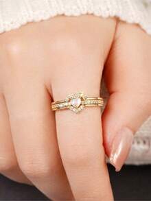 1pc Fashion Heart-Shaped Synthetic Cubic Zirconia Ring, Eternal Love Symbol, Suitable For Daily Wear, Valentine's Day Gift, Wedding And Party Jewelry Designed Specifically For Women - golden - View 10
