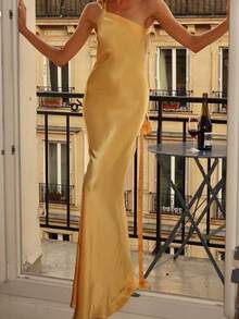 Vestido largo con bordado floral espalda descubierta y lazos cruzados elegante - Amarillo - Ver 1