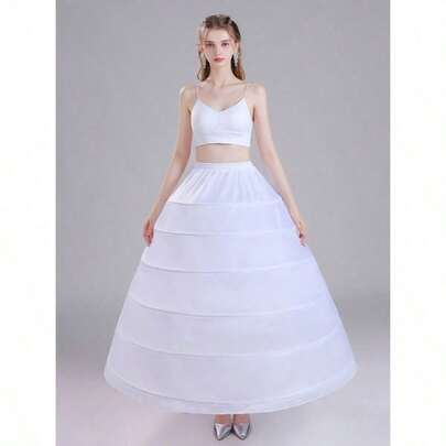 Women's Elegant White 6-Ring Floor-Length High-Waist Skirt, Elastic Waistband, Suitable For Wedding Dress,Party,Birthday