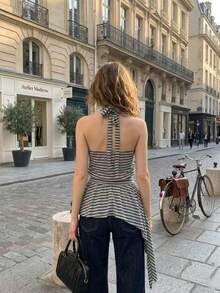 Camisole sans manches à rayures avec ourlet asymétrique pour femmes - Débardeur décontracté ajusté à la taille, convient pour le port quotidien décontracté en été - Gris - Voir 6