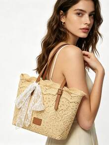 Bolso de hombro de gran capacidad con diseño de nicho, estilo fresco y literario, decorado con lazo, moda casual, adecuado para vacaciones, uso diario y días festivos - Caqui - Ver 3