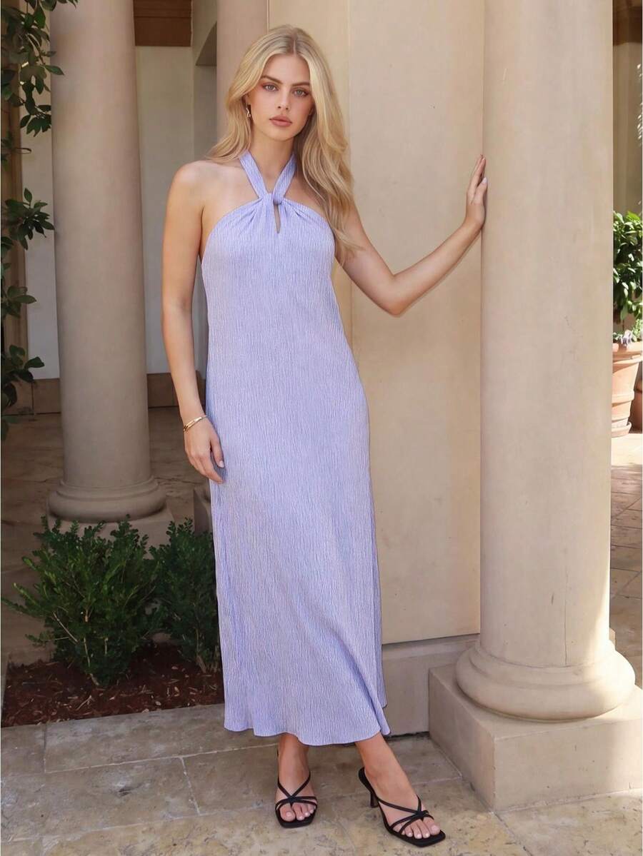 Women Long Halter Neck Dresses Loose Solid Sleeveless Open Back Tie-up Dress for Summer Beach Party Club - Púrpura malva - Ver 1
