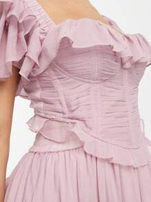 Vestido largo elegante con volantes espalda descubierta y corte calado para vacaciones - Rosa vieja - Ver 4