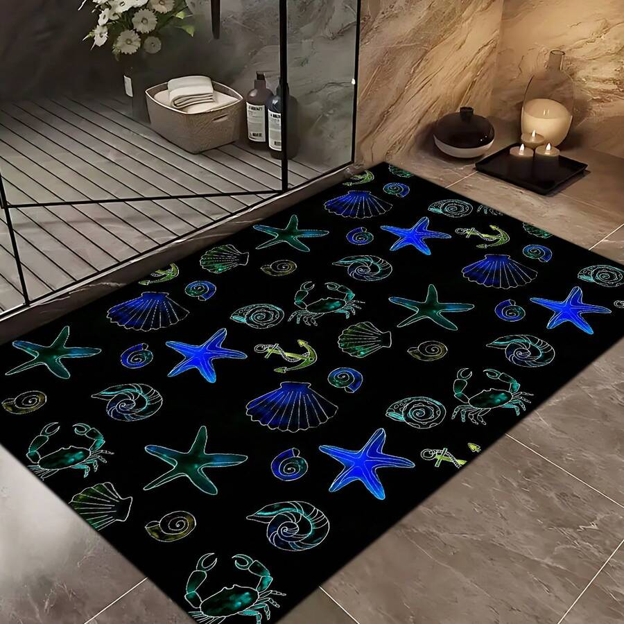 1 pieza Alfombra de gel de sílice con estampado de criaturas marinas, alfombra rectangular lavable para sala de estar, dormitorio, pasillo, baño, lavandería - Alfombra de poliéster, adecuada para decoración del hogar interior y exterior - Multicolor - Ver 1